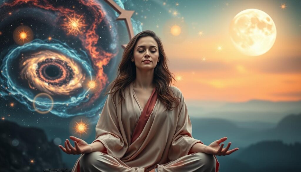 A mystical scene of a troubleshooting universe with ethereal elements. In the foreground, a serene, beautiful Caucasian woman dressed in modest, flowing robes is meditating, surrounded by glowing orbs and symbols representing astrological signs and intuitive guidance. The middle layer features a celestial landscape, showcasing swirling galaxies, twinkling stars, and vibrant nebulas that convey a sense of cosmic energy. In the background, a moonlit sky casts a gentle, silvery light, enhancing the spiritual atmosphere. Use soft, ambient lighting to create a calm and reflective mood, captured with a wide-angle lens to encompass the vastness of the universe, inviting viewers to connect with the signs and energy of the cosmos.