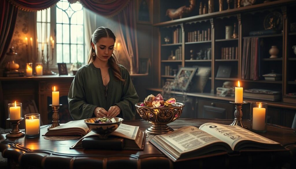 A mystical scene portraying an obsession spell in action. In the foreground, a beautiful Caucasian woman in modest, flowing robes stands at an ornate wooden table, with glowing candles surrounding her. She carefully mixes shimmering herbs and vibrant crystals in an intricately designed bowl, her focused expression embodying concentration and intent. The middle ground features a collection of open spell books filled with ancient symbols and illustrations, while softly glowing runes hover above the table, illuminating the scene. In the background, a dimly-lit room lined with shelves of magical artifacts, draped in rich, deep colors, enhances the atmosphere. Soft, ethereal lighting streams in from a nearby window, creating a mysterious yet inviting ambiance that evokes the allure of magic and the deep emotions tied to obsession.