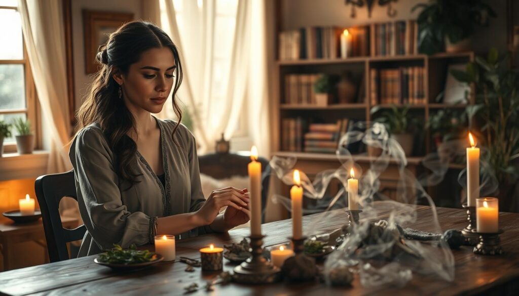 A mystical scene representing the concept of "ethics free will love spells." In the foreground, a beautiful Caucasian woman dressed in elegant, modest attire sits at a wooden table, delicately preparing a love spell, surrounded by candles and herbs, with an intent look on her face. The middle ground features shimmering, ethereal symbols of attraction intertwining with gentle wisps of smoke rising from the candles. In the background, a softly lit room filled with mystical books and potted plants creates an enchanting atmosphere. The lighting is warm and inviting, casting gentle shadows that enhance the mystical ambiance. The overall mood is serene yet thought-provoking, highlighting the balance between genuine connection and manipulation in matters of the heart.