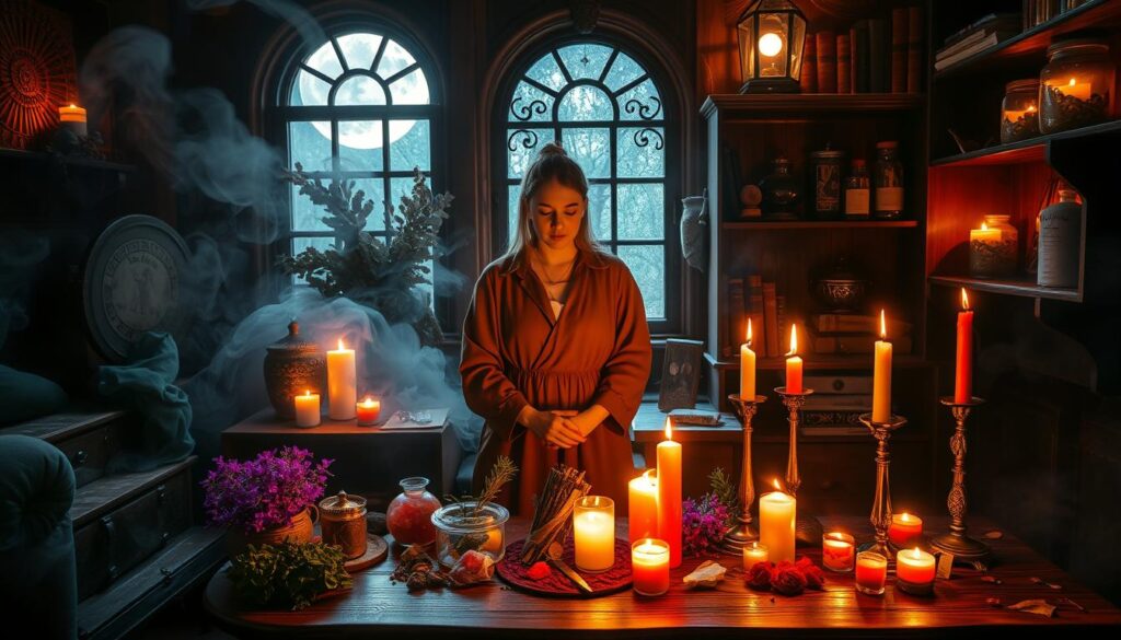 A mystical scene set in a dimly lit, enchanting room filled with swirling smoke and soft candlelight. In the foreground, a beautifully crafted wooden table is adorned with vibrant, colorful herbs, crystals, and flickering candles, glowing in shades of red and pink. In the middle, a serene, focused figure is depicted practicing a love spell, dressed in modest, flowing attire that radiates warmth and tranquility. Behind them, shelves lined with ancient-looking spell books and ornate jars add depth, while the ethereal glow of moonlight filters through a window, creating a magical ambiance. The overall atmosphere is one of calm intention and mystical energy, inviting viewers to feel the power of love spells in a soft, dreamlike manner.