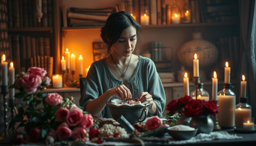 A mystical scene set in a softly lit, cozy room filled with an array of candles and herbs, depicting the concept of why love spells work. In the foreground, a beautifully arranged altar adorned with pink and red roses, crystals, and shimmering powders symbolizes the tools of love magic. In the middle, a thoughtful Caucasian woman in modest, casual attire is seen gently mixing ingredients in a bowl, her expression contemplative yet hopeful, capturing the emotional weight of the moment. The background features shelves lined with ancient books and potions, creating a warm, enchanting atmosphere bathed in golden candlelight. The overall mood is one of introspection and gentle magic, inviting viewers to explore the deeper layers of love and intention in spell work.