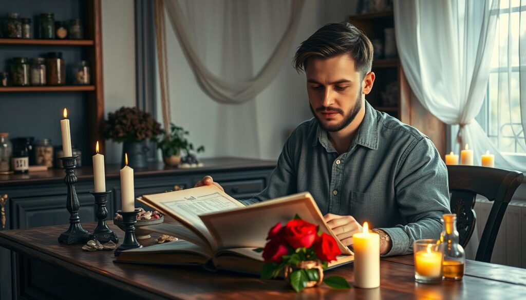 A mystical scene set in a softly lit room, with an antique wooden table adorned with candles, crystals, and herbs specific for love spells. In the foreground, a handsome Caucasian man in casual, modest attire examines an open spell book, his expression one of curiosity and contemplation. The middle ground features a lush bouquet of red roses and a small bowl filled with essential oils, symbolizing romance and attraction. The background has shelves filled with jars of mystical ingredients and a window draped with sheer fabric, allowing gentle moonlight to spill into the space, creating a serene yet enchanting atmosphere. The overall mood is one of introspection and wonder as the man considers the effectiveness of love spells.