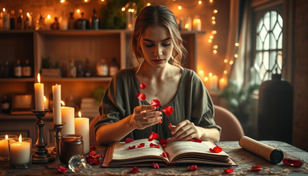 A mystical scene set in a warmly lit room filled with soft, amber glows. In the foreground, a beautifully arranged table is adorned with candles, crystals, and parchment scrolls, symbolizing love spells. A pair of delicate, elegant hands of a beautiful Caucasian woman in modest, casual clothing gently sprinkling rose petals over an open spellbook, her expression focused yet hopeful. In the background, shadowy shelves filled with herbs and potions create an enchanting ambiance. The lighting should create a soft halo effect around the scene, emphasizing the magical atmosphere. The overall mood is serene and contemplative, inviting viewers to reflect on the complexities of love and the art of casting spells.