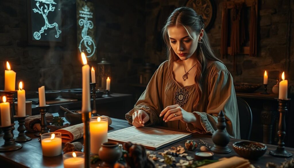 A mystical scene showcasing the historical roots of binding spells, featuring a beautiful Caucasian woman dressed in flowing, modest, medieval-style attire, surrounded by ancient scrolls, candles, and herbs. In the foreground, she is carefully preparing a love binding spell, her focused expression illuminated by the soft, warm glow of candlelight. The middle ground reveals a rustic wooden table filled with various spell ingredients, each meticulously arranged. In the background, the faint silhouette of a stone wall adorned with mystical symbols and hanging incense adds depth. The atmosphere is enchanting and immersive, capturing a sense of ancient wisdom and cultural significance, with a soft, ethereal lighting that evokes a sense of reverence and magic. The angle should be slightly above eye level, allowing viewers to appreciate the intricate details of the scene.