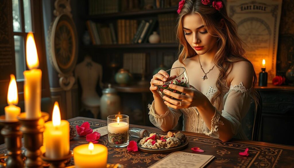 A mystical scene where a beautiful young Caucasian woman is carefully mixing colorful herbs and glowing liquids in a crystal bowl, symbolizing the act of casting a love spell. In the foreground, there are delicate candles flickering softly, casting warm, golden light that creates a magical atmosphere. The middle ground features an ornate wooden table adorned with various spell components like rose petals, crystals, and handwritten notes, adding depth to the setting. In the background, a dimly lit room with shelves filled with ancient tomes and astrological charts enhances the feeling of enchantment and mystery. The lighting is soft and ethereal, with a dreamlike quality. Capture a sense of anticipation and curiosity while conveying the theme that the outcomes of these spells can be uncertain and varied.