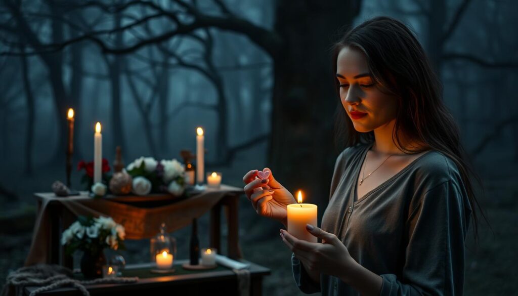 A mystical setting for a love spell scene. In the foreground, a beautiful Caucasian woman in modest casual clothing holds a candle and a small heart-shaped object, focusing intently on her task. The middle ground features a softly glowing altar adorned with flowers, crystals, and a flickering incense holder, emanating warm light. In the background, a dark, enchanted forest with ancient trees shrouded in mist creates a sense of mystery and magic. The lighting is soft and ethereal, highlighting the woman's features while maintaining a dreamy atmosphere. The overall mood is serene and contemplative, inviting viewers to ponder the effectiveness of love spells. Shot with a slightly blurred background to emphasize the foreground's magical elements while keeping the scene immersive and engaging.