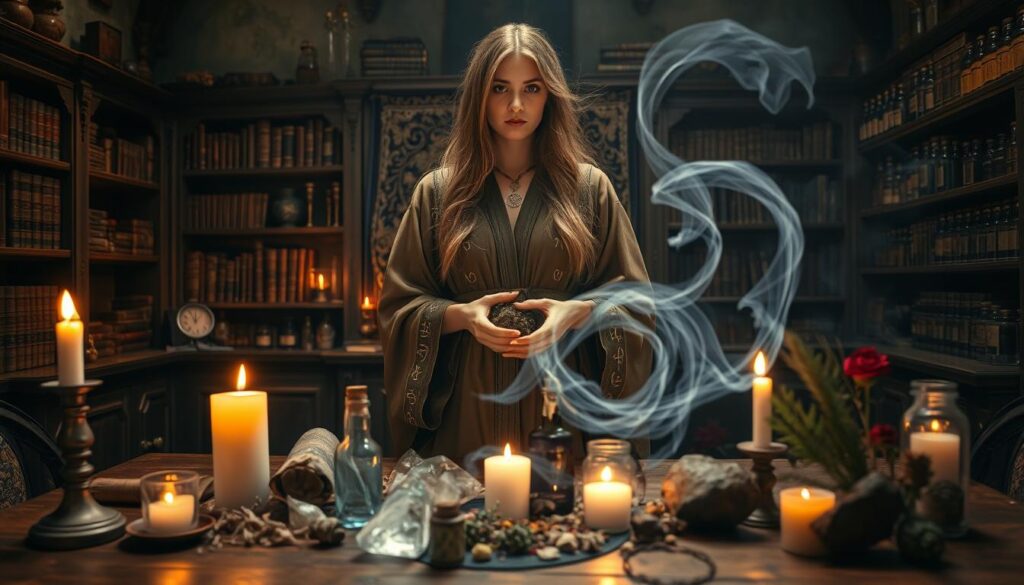 A mystical spell caster stands confidently at the center of the image, wearing elegant, earth-toned robes adorned with intricate runes. Their long, flowing hair adds a sense of ethereal grace. In the foreground, various magical artifacts like crystals, candles, and herbs are artfully arranged on a wooden table illuminated by soft, warm candlelight. The middle background features a richly decorated, dimly-lit room filled with shelves of ancient books and potion bottles, evoking a sense of depth and mystery. A swirling, magical energy surrounds the spell caster's hands, suggesting powerful enchantments at play. The atmosphere is serene yet charged with anticipation, inviting viewers to explore the intriguing world of spell casting. Use a medium-wide angle lens to capture the enchanting ambiance without distractions or overlays.