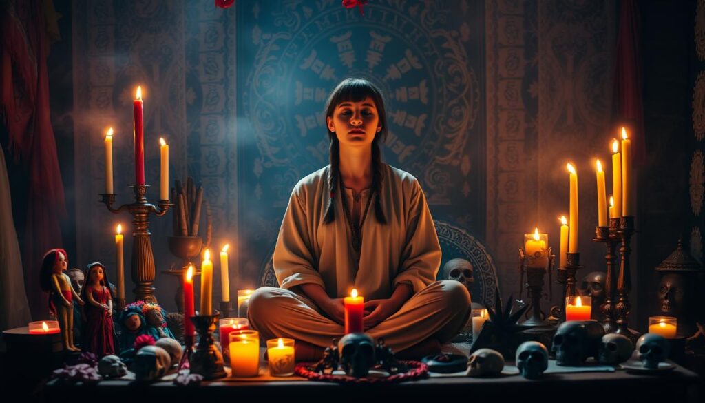 A mystical voodoo altar set in a dimly lit room, adorned with vibrant candles casting flickering shadows. In the foreground, a central figure—a beautiful Caucasian woman in modest, flowing attire—sits cross-legged, her expression focused as she enters a trance-like state. Surrounding her, colorful voodoo dolls and intricate symbols are arranged neatly on the altar. In the middle ground, a variety of traditional voodoo items, such as decorated skulls and delicate fabrics, add depth to the scene. The background features an intricately patterned wall adorned with spiritual symbols, shrouded in a soft, ethereal mist. The lighting is warm and inviting, creating an atmosphere of serenity and mystique, inviting the viewer into the world of voodoo foundations and spiritual practice.