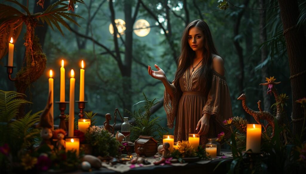 A mystical voodoo scene featuring a beautifully adorned altar in the foreground, filled with candles, herbs, and symbolic voodoo dolls. A captivating Caucasian woman in a flowing, bohemian dress stands beside the altar, her hands gracefully gesturing over a glowing candle, evoking a sense of enchantment. The middle ground features enchanting plants like ferns and vibrant flowers, adding to the charm. In the background, a dense, ethereal forest with dappled moonlight peeking through the leaves creates a magical atmosphere. The scene is bathed in warm, soft lighting, with a slightly blurred depth of field to emphasize the focal point of the altar and the woman. The overall mood is mystical yet inviting, perfect for exploring the themes of love binding spells and various magical paths.