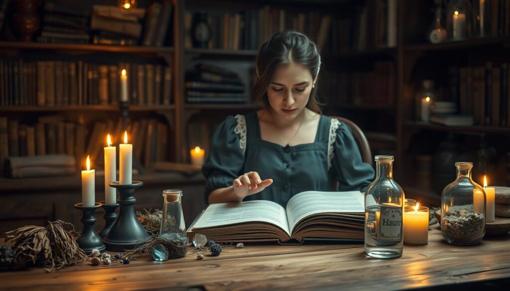 A mystical witch's workshop at dusk, with soft, ambient candlelight casting warm shadows across the wooden table in the foreground. The table is adorned with various magical ingredients, like dried herbs, crystals, and a bubbling potion in an elegant glass vial. In the middle ground, a thoughtful Caucasian woman in modest, vintage attire browses through an ancient spellbook, her expression one of concentration and determination. The background features shelves filled with books and mystical artifacts, with rich, dark wood and faintly glowing potion bottles lining the walls. A gentle, ethereal glow permeates the scene, enhancing the atmosphere of enchantment and introspection, suggesting the complexity and uncertainty of love spells. A mystical witch's workshop at dusk, with soft, ambient candlelight casting warm shadows across the wooden table in the foreground. The table is adorned with various magical ingredients, like dried herbs, crystals, and a bubbling potion in an elegant glass vial. In the middle ground, a thoughtful Caucasian woman in modest, vintage attire browses through an ancient spellbook, her expression one of concentration and determination. The background features shelves filled with books and mystical artifacts, with rich, dark wood and faintly glowing potion bottles lining the walls. A gentle, ethereal glow permeates the scene, enhancing the atmosphere of enchantment and introspection, suggesting the complexity and uncertainty of love spells.