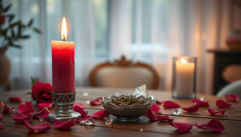 A pink candle stands majestically in the foreground, its soft, flickering flame casting a warm glow that illuminates the delicate wax texture. Surrounding the candle are scattered rose petals and a small, ornate silver dish filled with herbs, creating an inviting and magical atmosphere. In the middle ground, a gently blurred, wooden table provides a rustic feel, while faint glimmers from crystals catch the light, enhancing the enchanting vibe. The background features a softly lit room draped in sheer curtains, allowing gentle sunlight to filter through, adding a sense of tranquility and warmth. The overall mood conveys romance and intention, a perfect setting for a focused love spell ritual. The composition should be shot from a slightly elevated angle, highlighting the candle and its surrounding elements without any text or distractions.