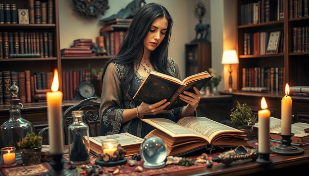 A professional spell caster stands confidently at a beautifully adorned desk, cluttered with potions, crystals, and ancient spell books. She has long, flowing dark hair, dressed in elegant, modest attire with elements of mysticism like intricate jewelry and embroidered fabrics. In the foreground, flickering candlelight casts a warm glow, illuminating her focused expression as she consults an ancient tome. The middle ground features an array of magical tools, including a crystal ball and herbs, creating an enchanting atmosphere. The background is a softly lit room filled with shelves of spell books and mystical artifacts, enhancing the feeling of wisdom and knowledge. The overall mood is one of empowerment and intrigue, inviting viewers to explore the world of love spells with a professional touch.