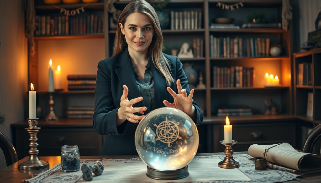 A professional spell caster stands confidently in the foreground, dressed in modest yet elegant business attire, to convey a sense of expertise and authority. The figure, a beautiful Caucasian woman, is engaged in casting a spell, with her hands gracefully gesturing over a table adorned with enchanting tools like candles, crystals, and ancient scrolls. The middle ground features a softly glowing crystal ball, reflecting an array of magical symbols. In the background, a cozy, atmospheric room with warm, ambient lighting creates an inviting and mystical environment, enhanced by shelves filled with mystical books and herbs. The scene captures a serene and professional atmosphere, suggesting wisdom and a touch of mystery, perfect for the subject of love spells. The image is shot from a dynamic angle that emphasizes the spell caster's focus and poise.