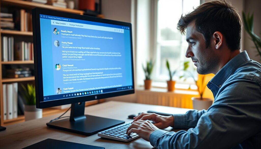 A professional workspace featuring a computer screen displaying a vibrant web comment section filled with clearly written, engaging feedback and requests. In the foreground, a person, a beautiful Caucasian male in a smart casual shirt, is typing a comment with focused intent, fingers poised above the keyboard. The middle ground includes the bright glow of the computer screen illuminating the face, with digital icons of thumbs up and comments appearing subtly around the edges. The background shows shelves with books and plants, creating a warm and inviting atmosphere. Soft, natural lighting filters through a nearby window, enhancing clarity. The overall mood reflects professionalism and efficiency, illustrating the importance of clear communication in digital comments and responses.
