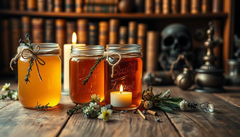 A rustic wooden table is set as the foreground, showcasing three beautifully crafted honey jars, each adorned with natural twine and herbs like lavender and rosemary. In the middle, a softly glowing candle emits a warm light, casting gentle reflections on the glass. The jars are filled with golden honey, from pale amber to deep brown, each jar displaying unique textures. Surrounding them are fresh flowers and small crystals, enhancing the enchanting folk magic theme. In the background, a blurred shelf filled with vintage spell books and enchanted objects creates a mystical ambiance. The lighting is warm and inviting, emphasizing the golden hues of the honey and creating an inviting, magical atmosphere. The angle should be slightly above eye level for an engaging perspective, highlighting the jars’ aesthetic and the essence of folk magic.