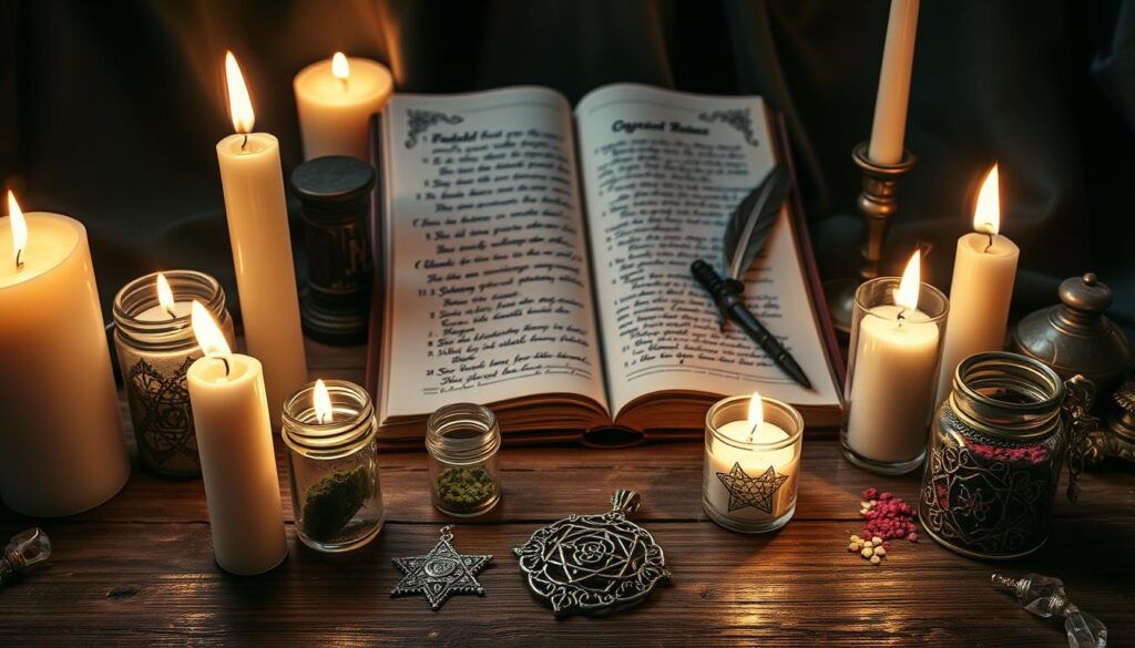 A rustic wooden tabletop filled with an array of magical tools and ingredients for casting an obsession spell. In the foreground, shimmering candles of various heights emit a warm glow, surrounded by delicate glass vials containing colorful powders and herbs. A silver pendant adorned with intricate symbols lies nearby, gleaming softly. In the middle background, an open grimoire features handwritten spells and adorned pages, with a quill and inkpot resting beside it. A dark velvet cloth drapes elegantly behind, adding depth. The overall atmosphere is enchanting and mysterious, illuminated by gentle, flickering candlelight that casts soft shadows, creating an inviting yet mystical ambiance. The scene is shot from a slightly elevated angle, emphasizing the intricate details of the tools without any human presence.