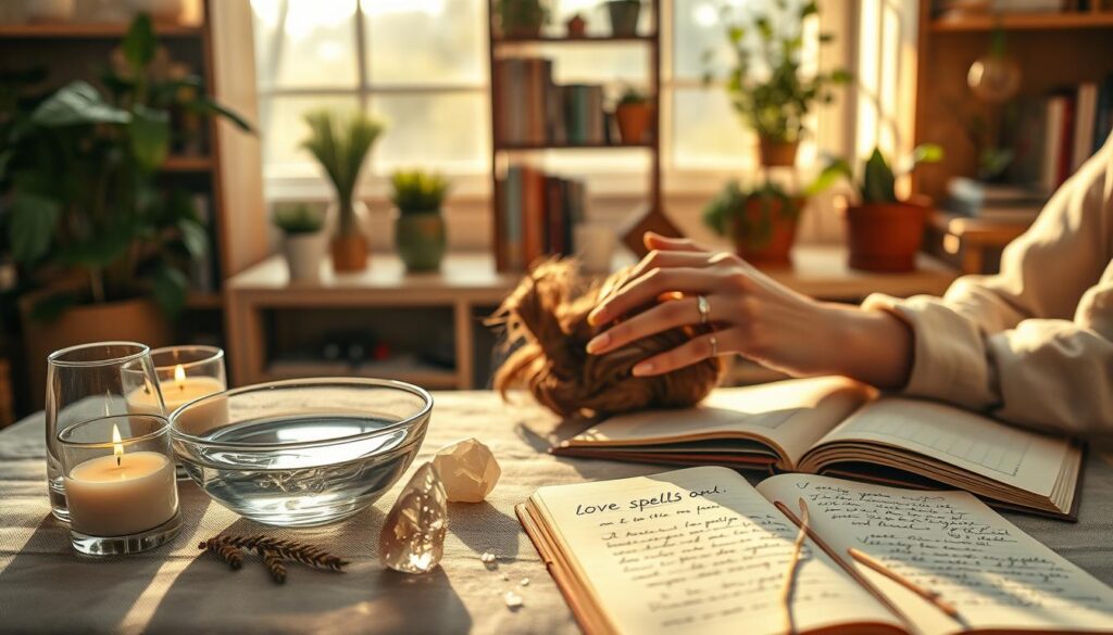 A serene aftercare scene depicting a cozy, intimate space for spiritual healing. In the foreground, a beautifully arranged table showcases delicate candles, herbs, and a bowl of water reflecting soft light. A pair of hands, adorned with modest rings, are gently tending to a small bundle of hair, symbolizing care and attention. In the middle ground, an open journal with handwritten notes about love spells sits alongside a calming crystal, suggesting a thoughtful process. The background features softly lit shelves filled with books and plants, enhancing a warm, inviting atmosphere. The lighting is soft and golden, mimicking late afternoon sunlight streaming in through a nearby window, creating a peaceful and reflective mood. A serene aftercare scene depicting a cozy, intimate space for spiritual healing. In the foreground, a beautifully arranged table showcases delicate candles, herbs, and a bowl of water reflecting soft light. A pair of hands, adorned with modest rings, are gently tending to a small bundle of hair, symbolizing care and attention. In the middle ground, an open journal with handwritten notes about love spells sits alongside a calming crystal, suggesting a thoughtful process. The background features softly lit shelves filled with books and plants, enhancing a warm, inviting atmosphere. The lighting is soft and golden, mimicking late afternoon sunlight streaming in through a nearby window, creating a peaceful and reflective mood.
