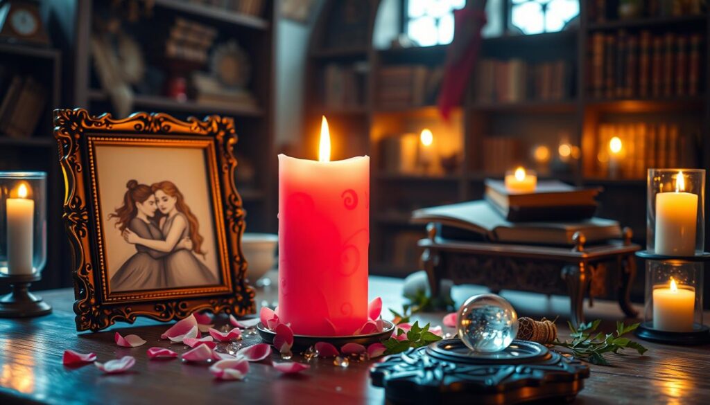A serene altar scene featuring a pink candle glowing softly at the center, symbolizing love and warmth. The candle is intricately designed with swirling patterns, surrounded by delicate rose petals and small crystals that glisten in the light. In the foreground, a beautifully framed portrait of a couple in a loving embrace sits beside the candle, enhancing the theme of connection. The middle ground includes flickering candlelight casting gentle shadows across an ornate wooden table adorned with mystical herbs and a small crystal ball. The background is softly blurred, revealing an enchanting, dimly lit room filled with shelves of ancient tomes and spell ingredients. The overall atmosphere is magical and inviting, illuminated by a warm, golden light that conveys a sense of hope and love.