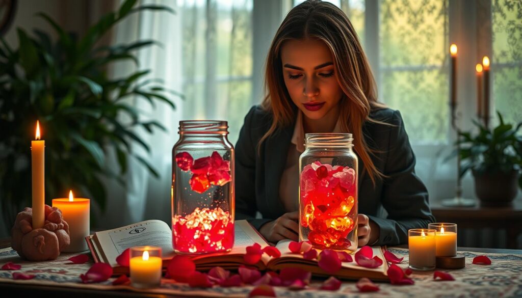 A serene altar scene illuminated by soft, warm candlelight, depicting a beautiful Caucasian woman in professional attire, intently focused on a glowing love spell jar filled with vibrant red and pink ingredients. In the foreground, the jar is surrounded by delicate rose petals and shimmering crystals, symbolizing love and intention. The middle ground features an open spell book with mystical pages, adorned with ancient symbols and gentle, flickering candles. In the background, a softly blurred room filled with lush green plants and lace curtains allowing ambient light to filter through, creating a cozy, enchanting atmosphere. The overall mood is mystical yet serene, inviting the viewer to explore the secrets of love spells and the dedication required to make them last longer. A serene altar scene illuminated by soft, warm candlelight, depicting a beautiful Caucasian woman in professional attire, intently focused on a glowing love spell jar filled with vibrant red and pink ingredients. In the foreground, the jar is surrounded by delicate rose petals and shimmering crystals, symbolizing love and intention. The middle ground features an open spell book with mystical pages, adorned with ancient symbols and gentle, flickering candles. In the background, a softly blurred room filled with lush green plants and lace curtains allowing ambient light to filter through, creating a cozy, enchanting atmosphere. The overall mood is mystical yet serene, inviting the viewer to explore the secrets of love spells and the dedication required to make them last longer.