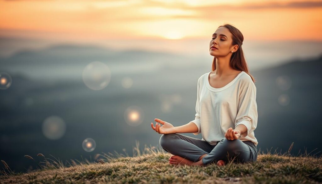 A serene and calming scene that symbolizes "visualization reset." In the foreground, a beautiful Caucasian woman in modest casual clothing sits cross-legged on a soft, grassy hilltop. She closes her eyes, practicing mindfulness, surrounded by gentle waves of light that represent clarity and rejuvenation. In the middle ground, ethereal glow orbs float, illustrating thoughts being released and replaced with positive energy. The background features a picturesque sunset, with hues of orange, pink, and purple, symbolizing transformation and hope. The lighting is soft and warm, casting a tranquil ambiance that promotes a sense of peace and renewal. Capture this moment from a slightly elevated angle for a more intimate perspective, creating an atmosphere of empowerment and inner strength.