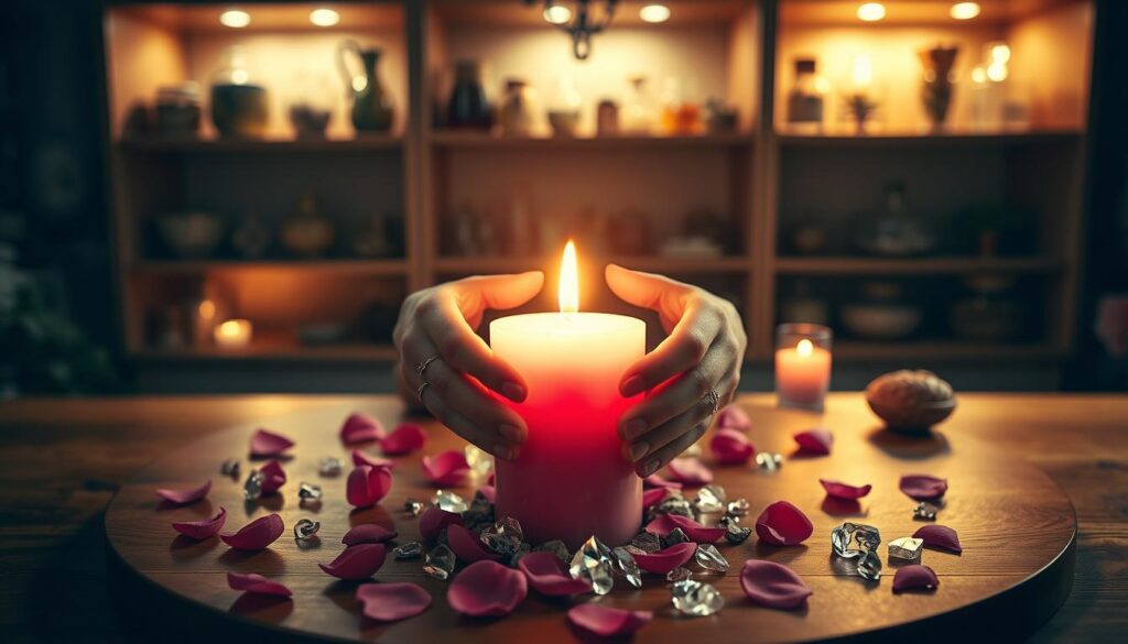 A serene and captivating scene centered around a pink candle ritual. In the foreground, a beautifully crafted pink candle emits a soft, warm glow, surrounded by delicate rose petals and shimmering crystals, arranged meticulously on a polished wooden altar. In the middle ground, a pair of elegant Caucasian hands gently cup the candle, adorned with modest rings, as if channeling energy into the ritual. In the background, softly lit shelves display various magical herbs and small jars, creating an enchanting ambiance. The lighting is warm and inviting, casting gentle shadows that enhance the mood of intimate mysticism. Use a shallow depth of field to focus on the candle while the surroundings remain slightly blurred, evoking a sense of tranquility and magic in the air.