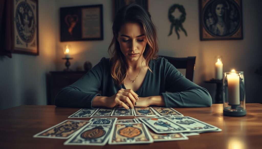 A serene and contemplative scene focused on a beautiful Caucasian woman sitting at a wooden table in a softly lit room, gazing thoughtfully at a collection of intricate tarot cards spread before her. In the foreground, the ornate cards, each depicting symbols of love and mysticism, are in sharp focus, while the woman's expression conveys deep introspection and concern. In the middle background, a softly glowing candle adds warmth and a magical ambiance, casting flickering shadows that dance on the walls adorned with mystical artwork. The ambiance is calm, with gentle, diffused lighting to create a reflective mood. Capture the subtle details of her modest, stylish clothing. The scene should evoke a sense of discovery and caution, inviting viewers to consider the signs before taking action.
