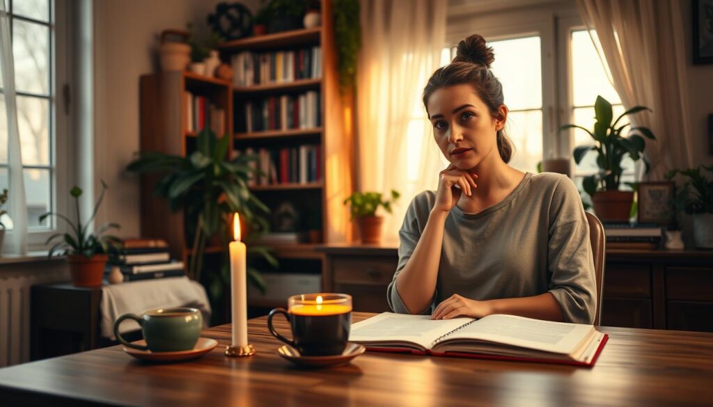 A serene and cozy home office setting, with a beautiful wooden desk taking center stage, adorned with an open notebook and a cup of herbal tea, suggesting contemplation. In the foreground, a thoughtful Caucasian woman in modest casual clothing, gazing thoughtfully at a flickering candle, her expression reflecting a blend of hope and realism about love spells. The warm, soft lighting creates an inviting atmosphere, with golden hues filtering through a nearby window. In the background, shelves lined with books on relationships and spirituality, blended with potted plants, achieve a harmonious balance. The entire scene embodies a sense of calm, reflecting the importance of setting realistic expectations in matters of the heart.