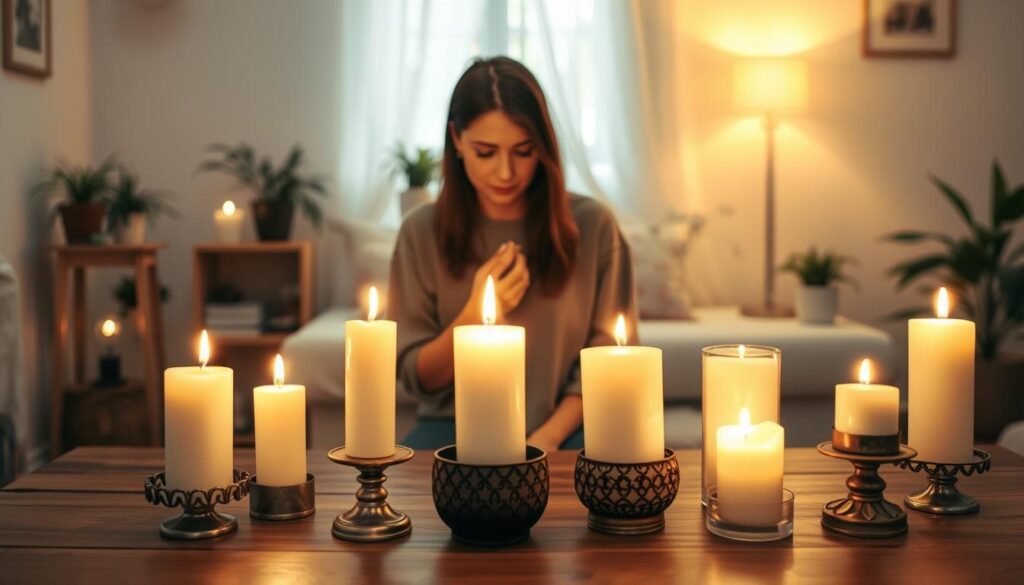 A serene and cozy indoor setting with a warm glow emanating from flickering candles. In the foreground, a beautifully arranged candle setup on a wooden table, featuring various-sized candles placed in safe candle holders, demonstrating proper distance between them. The middle layer showcases an attentive figure, a Caucasian woman in modest casual clothing, carefully monitoring the flames, representing safety practices while performing a love spell. In the background, softly blurred, a peaceful room with a gentle, inviting atmosphere, accessorized with plants and subtle decor. The lighting is warm and soft, highlighting the ambiance while creating a sense of tranquility and mindfulness. The overall mood is calm and focused, reflecting the importance of safety in candle usage.