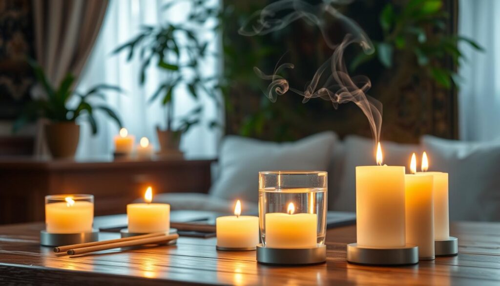 A serene and cozy scene featuring a set of safety candles arranged on a wooden table, flickering softly to illuminate the surroundings. In the foreground, the candles, designed with wider bases and fire-resistant materials, emit a warm, golden glow. A calming ambiance is created with delicate incense sticks placed nearby, adding layers of fragrant smoke curling upwards, while a glass of water is positioned strategically within reach for safety precautions. The background reveals a softly lit room adorned with lush greenery and an elegant tapestry, enhancing the tranquil atmosphere. Use a low-angle shot to emphasize the flickering flames, and capture soft, diffused lighting to evoke a sense of warmth and security. The mood should be inviting yet thoughtful, reflecting a mindful approach to candle use.