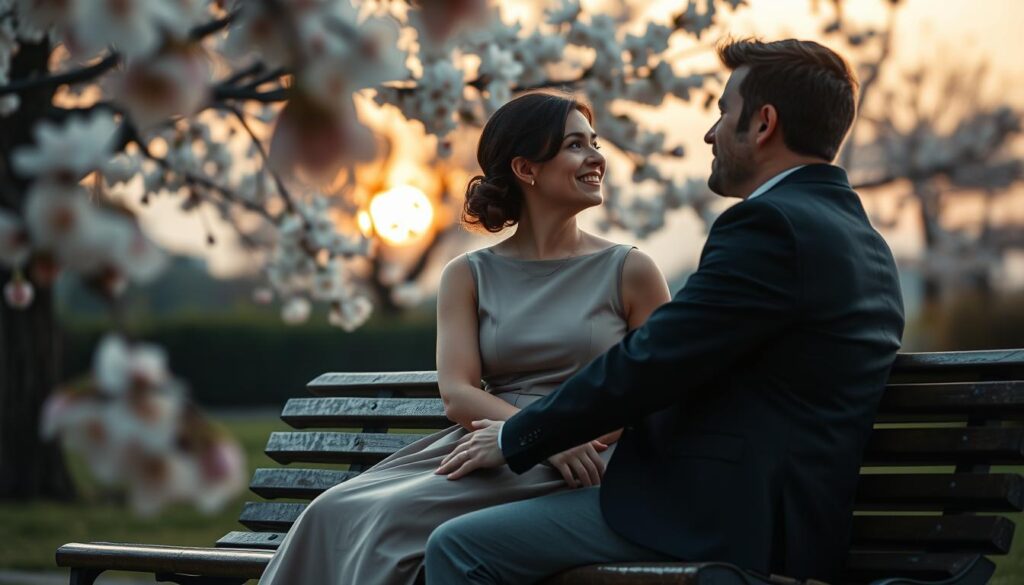 A serene and emotional scene capturing the essence of rekindling a relationship. In the foreground, a beautifully dressed Caucasian couple is sitting on a park bench, gazing into each other's eyes, their expressions showing warmth and nostalgia. The woman wears an elegant, modest dress, while the man is in a smart-casual outfit. In the middle ground, blooming cherry blossom trees frame the couple, their delicate petals floating gently in the breeze, symbolizing renewal. The background features a softly lit sunset casting a warm, golden hue over the entire scene, enhancing the romantic atmosphere. The setting is tranquil, with soft focus lending a dreamlike quality, evoking feelings of hope and longing, as if healing and love are in the air.