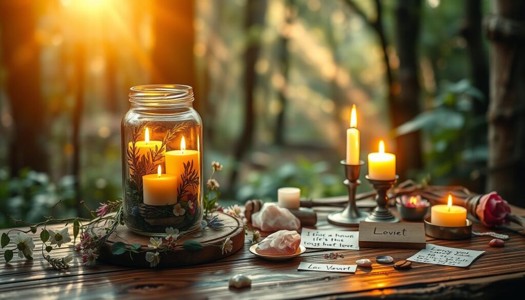 A serene and enchanting altar scene, elegantly adorned for a love spell. In the foreground, a beautifully crafted wooden table holds a glass jar filled with colorful herbs, crystals, and candles, casting a warm golden glow. Delicate flowers and greenery surround the jar, enhancing the magical ambiance. In the middle ground, a softly glowing candle, flickering gently, creates dancing shadows, while small trinkets related to love and connection, like rose quartz and written affirmations, lay scattered artistically. The background features a mystical forest with soft, dappled sunlight filtering through the leaves, instilling a sense of tranquility and wonder. Capture this scene with a warm, inviting light, using a shallow depth of field to emphasize the altar while creating a dreamlike atmosphere.