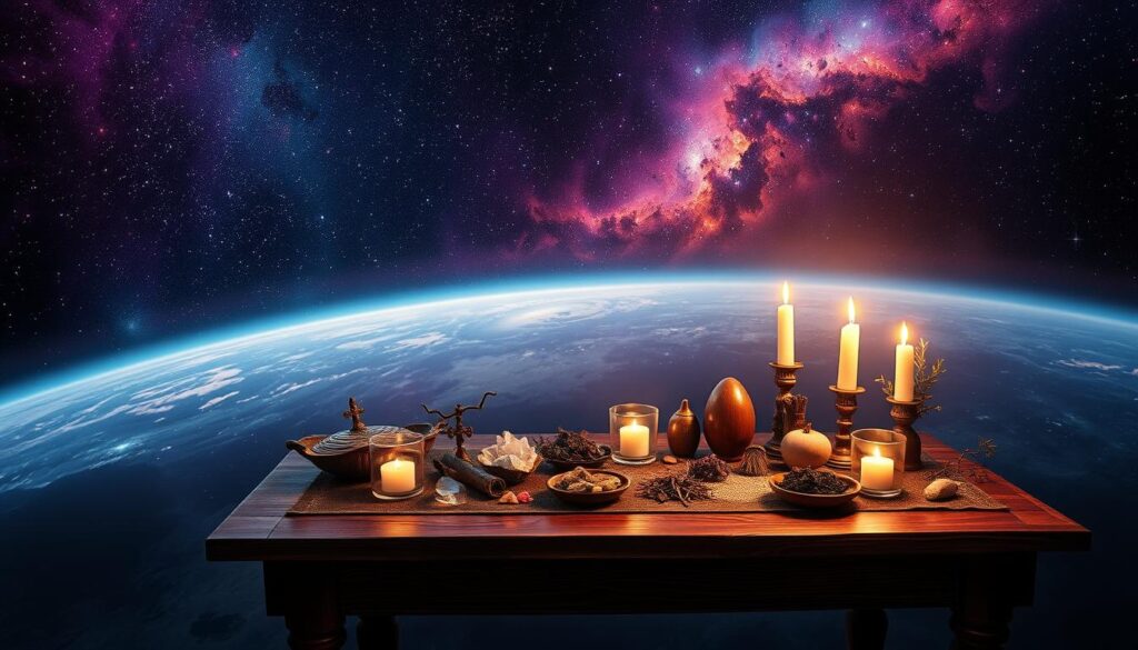 A serene and enchanting cosmic space scene featuring a softly glowing nebula filled with vibrant colors like deep purples, blues, and hints of gold. In the foreground, a beautifully crafted wooden table is adorned with an array of mystical tools, including candles, crystals, and herbs, set against a backdrop of vast starry skies. The middle ground showcases twinkling stars and distant planets, providing depth and wonder. A faint magical aura illuminates the scene, enhancing the mood of tranquility and possibility. Soft, ambient lighting creates a dreamlike atmosphere, evoking feelings of romance and sacred preparation. The perspective captures an expansive view of the cosmos, inviting the viewer into a harmonious space for love spells and deep connections.