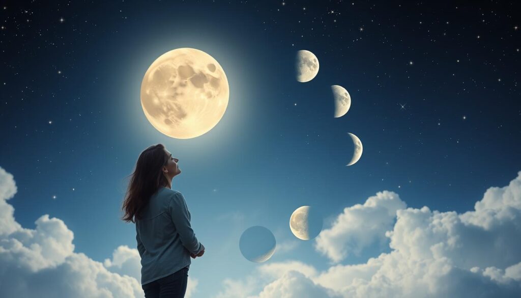 A serene and enchanting depiction of the moon phases, arranged in a circular pattern against a dreamy night sky. In the foreground, a beautiful Caucasian couple is gently interacting, dressed in modest casual clothing, looking up at the moon phases with admiration. The middle layer features the moon, showcasing the new, waxing, full, and waning phases, each illustrated in luminous, soft glows that signify different aspects of love. The background consists of twinkling stars and ethereal clouds, casting a mystical ambiance. The scene is illuminated by soft, silver moonlight, enhancing the romantic atmosphere. Use a wide-angle perspective to capture the vastness of the night sky, evoking a sense of wonder and possibility for love spells aligned with lunar cycles.