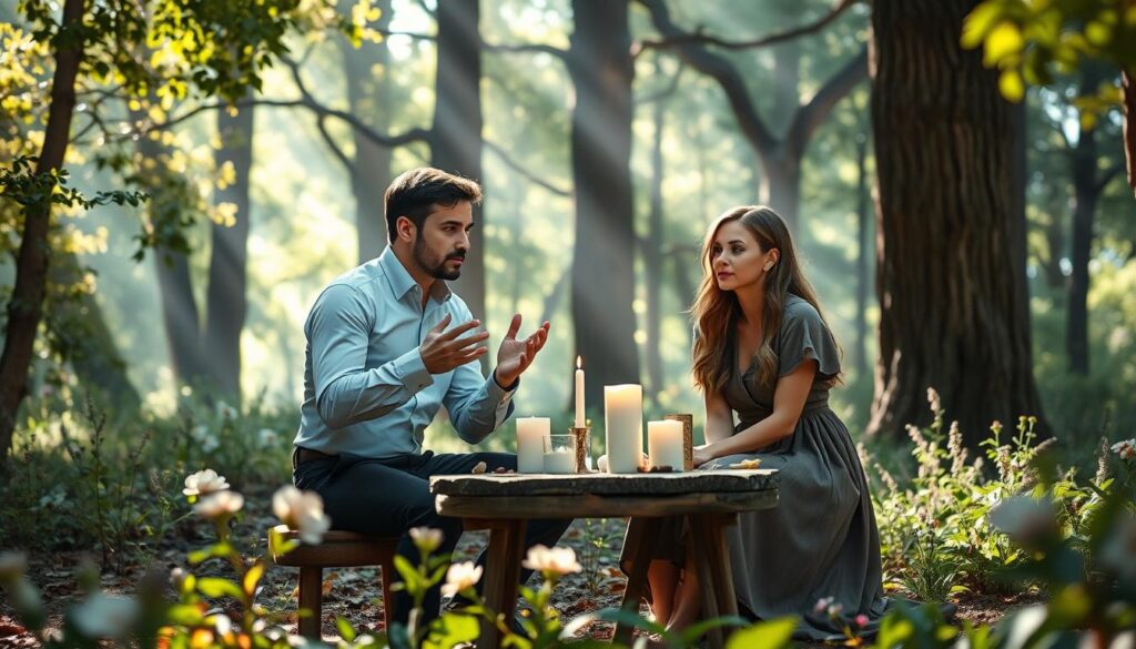 A serene and enchanting forest setting, bathed in soft, dappled sunlight filtering through the leaves. In the foreground, two beautiful Caucasian figures, a man and a woman, are seated at a small, rustic wooden table adorned with candles and crystals, symbolizing the ethical considerations of love spells. The man, in a fitted shirt and elegant trousers, gestures thoughtfully, while the woman, dressed in a modest yet flowing dress, listens intently with a look of understanding. In the middle ground, gentle plants and flowers bloom, adding to the tranquil atmosphere, while the background reveals tall, ancient trees that represent wisdom and the weight of choices in love. The mood is reflective and harmonious, inviting contemplation on ethics and safety in love magic. A serene and enchanting forest setting, bathed in soft, dappled sunlight filtering through the leaves. In the foreground, two beautiful Caucasian figures, a man and a woman, are seated at a small, rustic wooden table adorned with candles and crystals, symbolizing the ethical considerations of love spells. The man, in a fitted shirt and elegant trousers, gestures thoughtfully, while the woman, dressed in a modest yet flowing dress, listens intently with a look of understanding. In the middle ground, gentle plants and flowers bloom, adding to the tranquil atmosphere, while the background reveals tall, ancient trees that represent wisdom and the weight of choices in love. The mood is reflective and harmonious, inviting contemplation on ethics and safety in love magic.