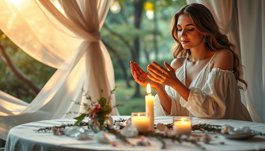 A serene and enchanting image capturing the essence of intentions in a romantic setting. In the foreground, a candlelit table adorned with crystals and herbs symbolizes focused intentions. A beautiful Caucasian woman dressed in a flowing white dress gently holds her hands above a glowing candle, her expression one of peaceful concentration, reflecting deep compassion and clarity. The middle ground features soft flowing fabrics and delicate flowers, creating a harmonious atmosphere. The background includes a softly illuminated forest, with dappled light filtering through the leaves, evoking a sense of magic and tranquility. The lighting is warm and inviting, enhancing the ethereal quality of the scene. The overall mood is calm, hopeful, and centered, conveying the significance of setting intentions while honoring a sense of free will.