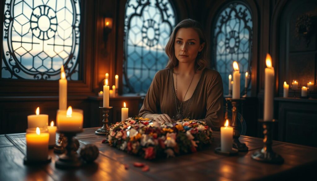 A serene and enchanting indoor setting where a beautiful Caucasian woman sits at a wooden table, surrounded by candles flickering softly, casting warm light across the room. She is dressed in modest, elegant clothing, her expression thoughtful as she carefully arranges colorful crystals and wildflowers into a heart shape. In the background, a large, ornate window reveals a twilight sky, filling the space with a magical glow. The atmosphere is imbued with a sense of mystery and allure, suggesting a deep understanding of love magic. The scene is captured with a soft focus effect, enhancing the dreamlike quality, while maintaining clarity on the woman's focused expression and intricate details of the altar. The composition invites viewers to reflect on the principles of intent, ethics, and free will in love magic today.