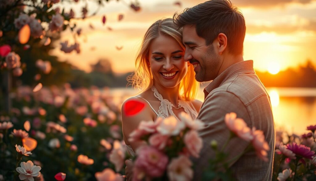 A serene and enchanting representation of "love meaning," featuring a beautiful Caucasian couple in a warm embrace, radiating affection and tenderness. In the foreground, the couple smiles at each other, their faces illuminated by soft, golden sunlight, symbolizing warmth and connection. The middle layer showcases a lush garden filled with blooming flowers, symbolizing growth and the blossoming of love, with petals gently falling around them. The background features a breathtaking sunset, casting a soft orange and pink hue across the sky and reflecting on a tranquil lake. The atmosphere is romantic and peaceful, evoking a sense of intimacy and connection, captured with a shallow depth of field using a 50mm lens to focus on the couple, creating a dreamy and heartfelt ambiance. A serene and enchanting representation of "love meaning," featuring a beautiful Caucasian couple in a warm embrace, radiating affection and tenderness. In the foreground, the couple smiles at each other, their faces illuminated by soft, golden sunlight, symbolizing warmth and connection. The middle layer showcases a lush garden filled with blooming flowers, symbolizing growth and the blossoming of love, with petals gently falling around them. The background features a breathtaking sunset, casting a soft orange and pink hue across the sky and reflecting on a tranquil lake. The atmosphere is romantic and peaceful, evoking a sense of intimacy and connection, captured with a shallow depth of field using a 50mm lens to focus on the couple, creating a dreamy and heartfelt ambiance.