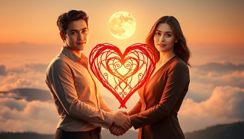 A serene and enchanting scene capturing the essence of "binding love." In the foreground, two beautiful Caucasian figures, a man and a woman, stand side by side, their hands gently intertwined, symbolizing unity. They are both dressed in modest, professional attire, exuding an air of sophistication and warmth. In the middle, an ornate heart-shaped binding spell is subtly depicted, woven with vibrant red and gold threads, radiating a soft, magical glow. The background features a tranquil, dreamy landscape, with a softly glowing moon illuminating gentle clouds, adding a sense of mystique. The lighting is warm and inviting, creating a romantic atmosphere. The composition is balanced with a focus on the figures and the heart-shaped spell, inviting viewers to reflect on the concept of love binding.