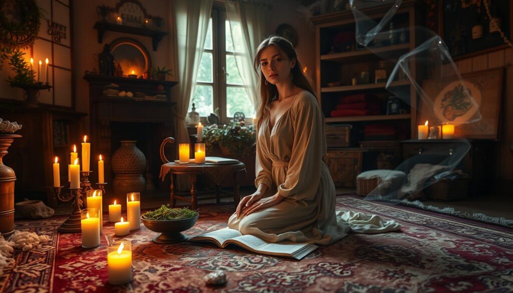 A serene and enchanting scene depicting a beautiful Caucasian woman in a cozy, softly lit room as she performs an 'undo spell' ritual. In the foreground, she kneels on a plush, ornate rug, surrounded by glowing candles and sparkling crystals that create a warm, mystical ambiance. Her expression is focused yet tranquil, dressed in modest, flowing garments that suggest a sense of calmness and intention. The middle ground features a small table adorned with herbs and an open spellbook, with delicate light streaming in through a window, casting magical shadows. In the background, shelves lined with potion bottles and magical artifacts add depth while an aura of shimmering energy envelops her, symbolizing the energy of undoing. The atmosphere is peaceful and reflective, embodying the process of self-healing and moving on.