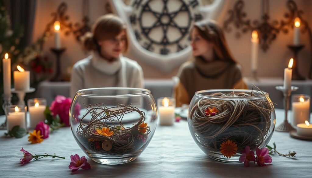 A serene and enchanting scene depicting a beautifully arranged table set for a love spell, featuring ethical elements. In the foreground, a delicate glass bowl filled with strands of hair intertwined with vibrant herbs and flowers symbolizes consent and connection. The middle ground showcases two elegant Caucasian figures dressed in modest, casual attire, thoughtfully discussing the spell, with expressions reflecting love and respect. In the background, soft candlelight flickers, creating a warm, inviting atmosphere, while mystical symbols subtly embellish the surrounding area. The lighting is soft and dreamy, evoking a sense of magic and intuition, captured from a slightly elevated angle to draw the viewer into the nurturing ambiance of love magic rituals. A serene and enchanting scene depicting a beautifully arranged table set for a love spell, featuring ethical elements. In the foreground, a delicate glass bowl filled with strands of hair intertwined with vibrant herbs and flowers symbolizes consent and connection. The middle ground showcases two elegant Caucasian figures dressed in modest, casual attire, thoughtfully discussing the spell, with expressions reflecting love and respect. In the background, soft candlelight flickers, creating a warm, inviting atmosphere, while mystical symbols subtly embellish the surrounding area. The lighting is soft and dreamy, evoking a sense of magic and intuition, captured from a slightly elevated angle to draw the viewer into the nurturing ambiance of love magic rituals.