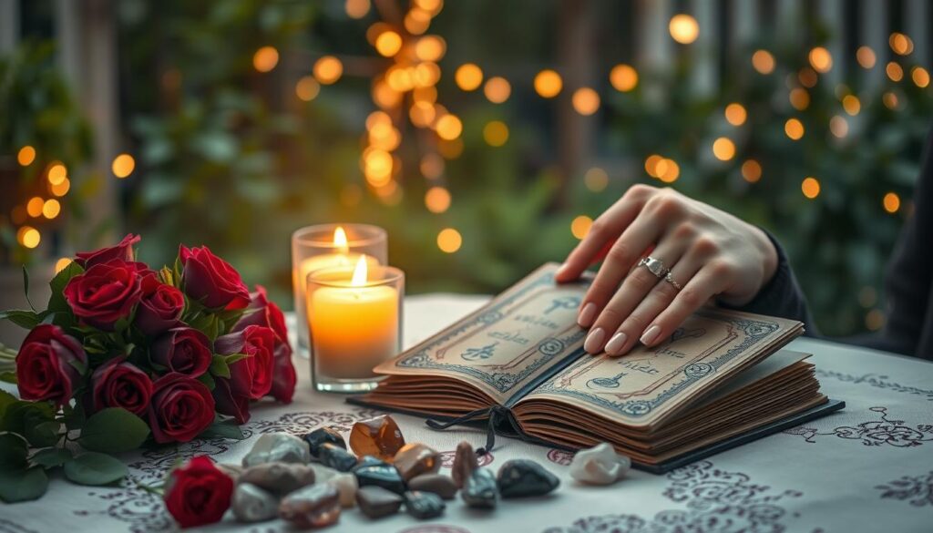 A serene and enchanting scene depicting a beautifully crafted guide to love spells. In the foreground, a table adorned with a softly glowing candle, vibrant roses, and a neatly arranged collection of crystal stones sits invitingly. A pair of hands, elegantly manicured and wearing simple silver rings, delicately flips through the pages of an ornate, leather-bound book with mystical symbols. In the middle ground, an ethereal glow illuminates the surroundings with warm, golden light, creating a dreamy atmosphere. In the background, lush greenery and twinkling fairy lights hint at a cozy garden setting. The mood is tranquil and magical, inviting contemplation and wisdom. A gentle bokeh effect enhances the overall aesthetic, emphasizing the focus on love and connection, while the lens captures a slightly elevated angle for depth.