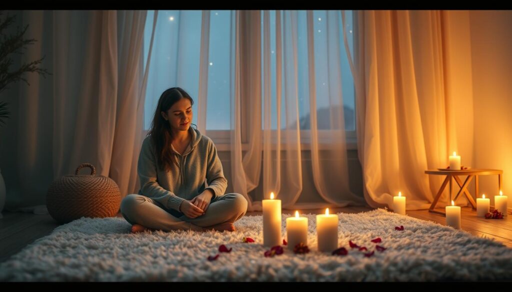 A serene and enchanting scene depicting a cozy, dimly lit room filled with soft, warm light, creating a welcoming atmosphere. In the foreground, a beautiful Caucasian couple sits cross-legged on a plush, pastel-colored rug, sharing a tender moment. The woman, dressed in modest casual clothing, has an expression of calmness and assurance, while the man wears a simple yet elegant outfit, conveying a sense of openness and connection. In the middle ground, faint flickers of candlelight illuminate symbols of love—hearts, flowers, and crystals—scattered around them. The background features a window with sheer curtains gently swaying, revealing a starlit sky outside. The overall mood is warm and comforting, evoking feelings of safety, care, and loving support.