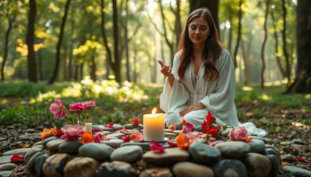 A serene and enchanting scene depicting a "get back lover ritual." In the foreground, a beautifully arranged circular altar made of natural stones and adorned with fresh flowers in vibrant colors. A lit candle, casting a warm glow, sits in the center, surrounded by delicate pink and red petals. In the middle ground, a Caucasian woman dressed in modest, flowing white attire, with gentle features and a contemplative expression, is kneeling in front of the altar with hands raised in a soft gesture of invitation. In the background, a tranquil forest with soft sunlight filtering through the leaves, creating a magical and inviting atmosphere. The overall mood is one of hope and longing, with a focus on connection and love. The angle is slightly elevated, capturing both the altar and the figure in harmonious alignment.