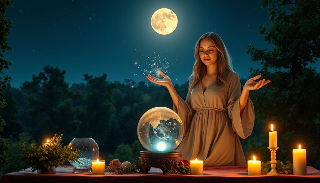 A serene and enchanting scene depicting a love spell being cast under the soft glow of a full moon. In the foreground, a beautiful Caucasian woman dressed in a flowing, modest gown, her hands gracefully raised as she releases sparkling energy into the night air. Beside her, a crystal ball reflects the moonlight, surrounded by fresh herbs and candles arranged neatly on an altar. In the middle ground, a lush forest creates a mystical atmosphere, with trees softly illuminated by dappled moonlight. The background features a starry sky, enhancing the dreamy ambiance. The overall mood is one of calm and intention, with gentle, ethereal lighting that captures the essence of timing and energy in love spells.