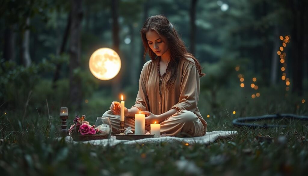 A serene and enchanting scene depicting a love spell in a natural setting, emphasizing the concept of timing. In the foreground, a beautiful Caucasian woman dressed in modest, flowing earth-toned attire is seated cross-legged on a soft patch of grass, intently focused on a small altar adorned with candles, crystals, and flowers. The middle ground showcases a glowing full moon, illuminating her actions with soft, silvery light. In the background, a lush forest with ethereal twinkling lights adds to the magical atmosphere. The overall mood is peaceful and mystical, evoking feelings of love and connection. Capture this moment with a slightly elevated angle, emphasizing the enchanting elements around the spellcaster, and soft, dappled lighting to enhance the dreamlike quality of the scene.