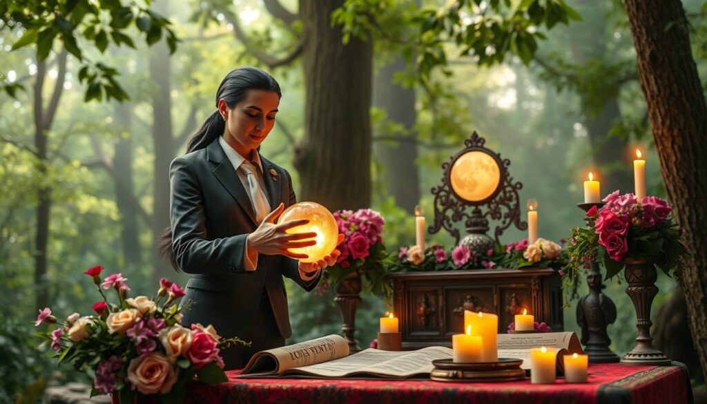 A serene and enchanting scene depicting a mystical love spell casting setting. In the foreground, two beautifully detailed, elegant Caucasian figures dressed in professional business attire stand together, their hands gently touching an ornate crystal ball glowing with a warm light. Their expressions convey a sense of focus and intention. In the middle ground, an intricately designed altar is adorned with vibrant flowers, scented candles flickering in soft, inviting light, and ancient scrolls revealing spells. The background features a softly lit, ethereal forest, where moonlight filters through lush green leaves, creating an atmosphere of enchantment and warmth. The overall mood is one of calm, positivity, and magical possibility, captured with a close-up lens to highlight the figures' concentration and the spell's vibrant energy.