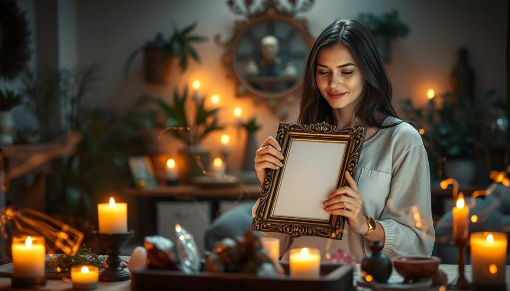 A serene and enchanting scene depicting a "photo-based attraction spell." In the foreground, a beautifully arranged altar with candles and crystals radiates warm golden light, surrounded by soft, ethereal wisps of energy. This energy forms delicate patterns in the air, visually representing attraction and connection. In the middle, a Caucasian woman, dressed in modest casual attire, is gently holding an ornate photo frame, her expression showcasing focus and intention as she channels her energy into the image. The background features a softly lit room filled with lush plants and mystical decor, creating a calming and inviting atmosphere. The lighting should be soft and ambient, with a slight bokeh effect to enhance the magical quality, giving the overall image a warm, inviting glow that suggests possibilities of love and attraction.