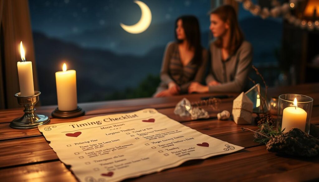 A serene and enchanting scene depicting a practical timing checklist for love spells. In the foreground, a beautifully arranged wooden table holds an elegant checklist written on parchment, with delicate illustrations of moon phases and heart symbols adorning it. Nearby, a soft, glowing candle casts warm light on the table, creating a cozy atmosphere. In the middle ground, two elegant, Caucasian figures in modest casual clothing are engaged in a thoughtful discussion, surrounded by crystals and herbs, symbolizing their ethical intentions. The background features a softly blurred night sky illuminated by crescent moon and stars, enhancing the magical mood. The overall lighting is warm and inviting, with a hint of mystery, evoking a sense of tranquility and purpose.