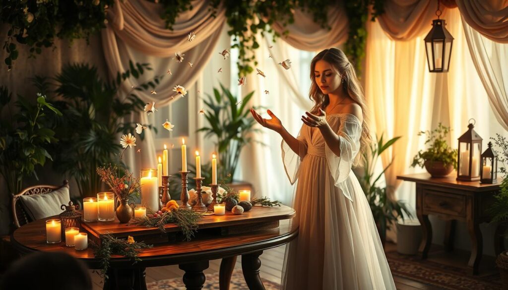 A serene and enchanting scene depicting an ethereal space where love spells are at work. In the foreground, a beautiful Caucasian woman, dressed in a flowing, elegant gown, is gracefully casting a spell, her hands glowing with soft, warm light. Around her, mystical symbols and flowers gently float in the air, radiating a sense of romance and magic. In the middle ground, a richly detailed wooden table is adorned with candles, crystals, and delicate herbs, all arranged artfully to create an atmosphere of intention and enchantment. The background features a softly lit room filled with lush greenery and soft, draping fabrics, bathed in a warm, golden glow emanating from stylish lanterns. The overall mood is one of hope, desire, and the mystical potential of love.
