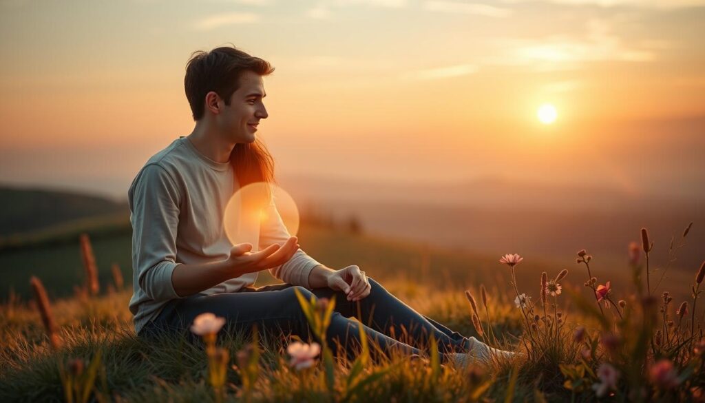 A serene and enchanting scene depicting the concept of ethical love intentions. In the foreground, a beautiful Caucasian couple sits on a soft, grassy knoll, gazing into each other's eyes with warm smiles, dressed in modest casual clothing. Their hands are gently touching, symbolizing connection and mutual respect. In the middle ground, a softly glowing orb of light hovers, representing intention and magic, surrounded by delicate flowers and plants that bloom with vibrant colors. The background features a tranquil sunset sky, casting a warm golden hue over the landscape, enhancing the mood of a peaceful and loving atmosphere. Use soft, diffused lighting to create a magical and inviting ambiance with a slight lens flare effect for added serenity. Aim for a close-up angle that draws in the viewer's gaze to the couple's connection while allowing the beauty of nature to frame them elegantly.